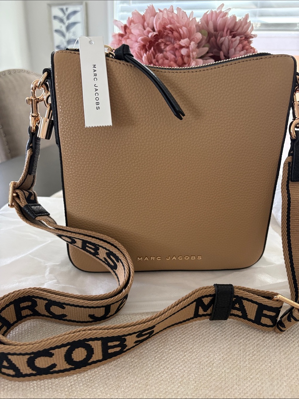 Marc Jacobs Tan Pebbled Leather Crossbody with Logo Webbing Strap